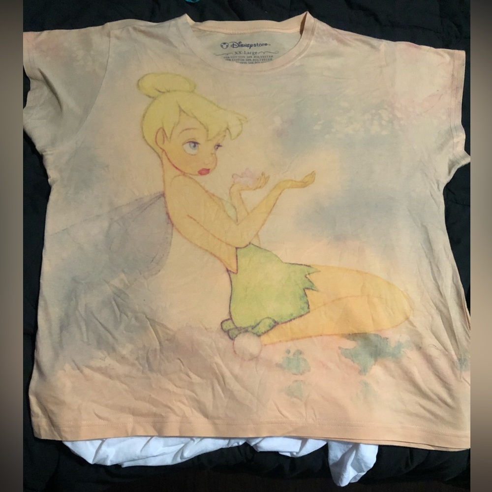 Disney 2XL plus size tee featuring TINKERBELL lite yellow with watercolor blues.